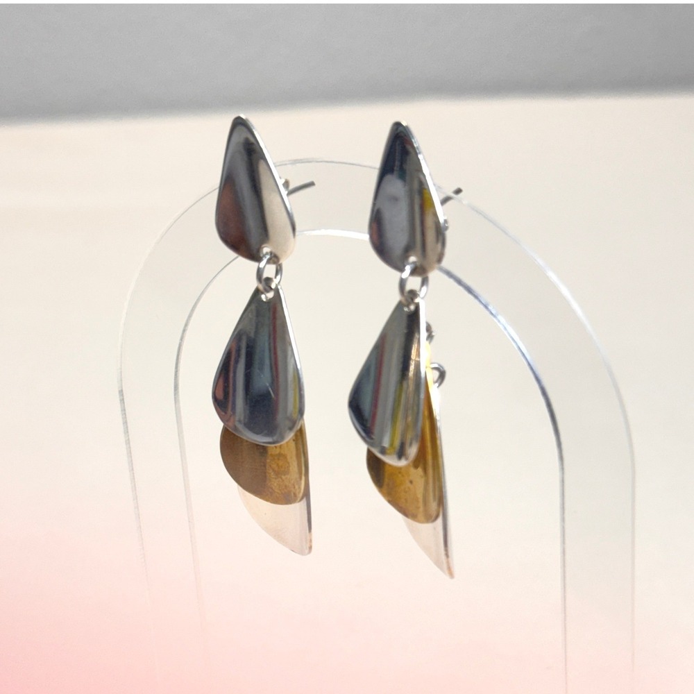 Taxco Mexico 925 Sterling Silver Mixed Metal Tiered Teardrop Earrings TC-164 GUC - Picture 5 of 16